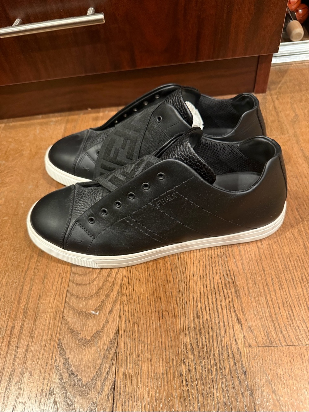 Fendi Black Leather Slip-On Sneakers FF Logo Elastic Strap Men's